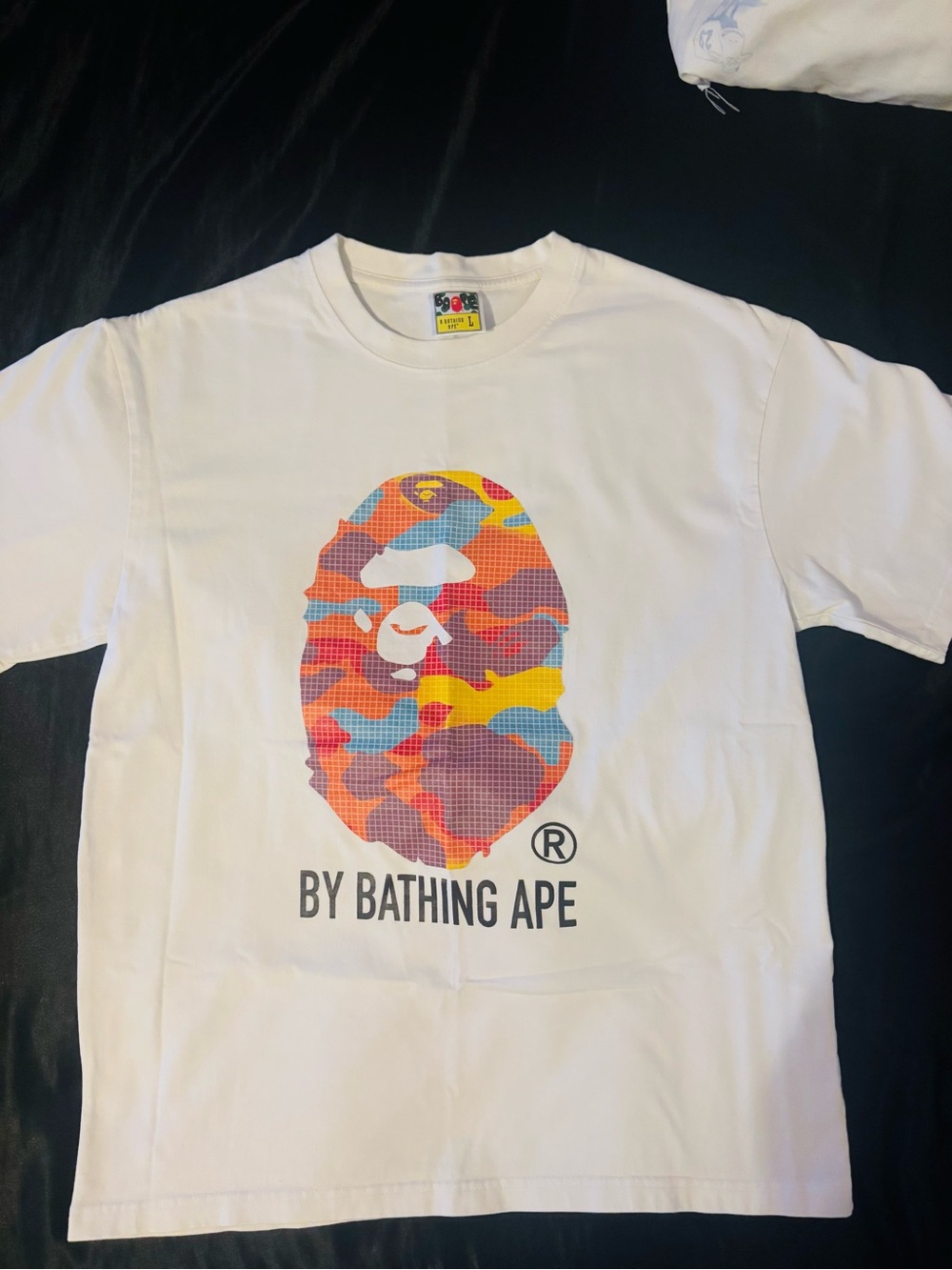 BAPE White Short-Sleeve Tee with Multicolor Camo Ape Head